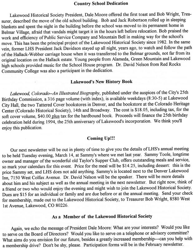 Lakewood Historical Society Newsletter, December 1994/January 1995