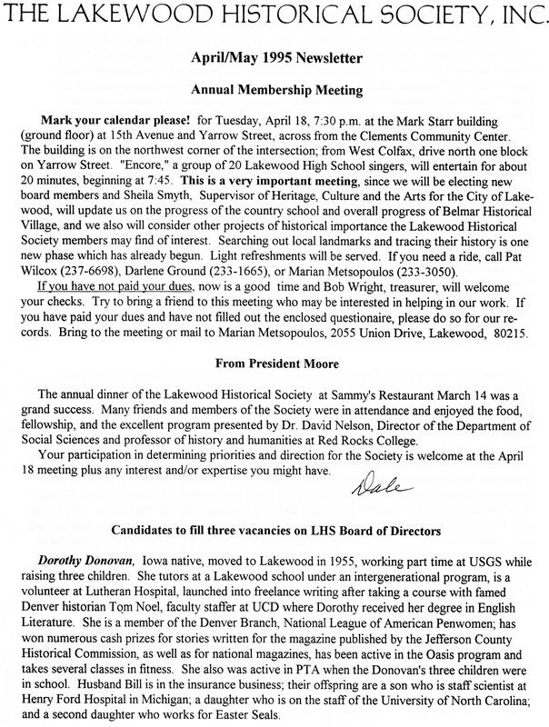 Lakewood Historical Society Newsletter, April/May 1995