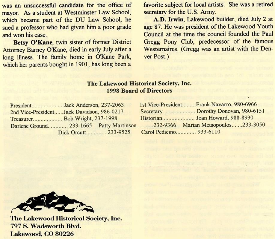 Lakewood Historical Society Newsletter, Fall 1998