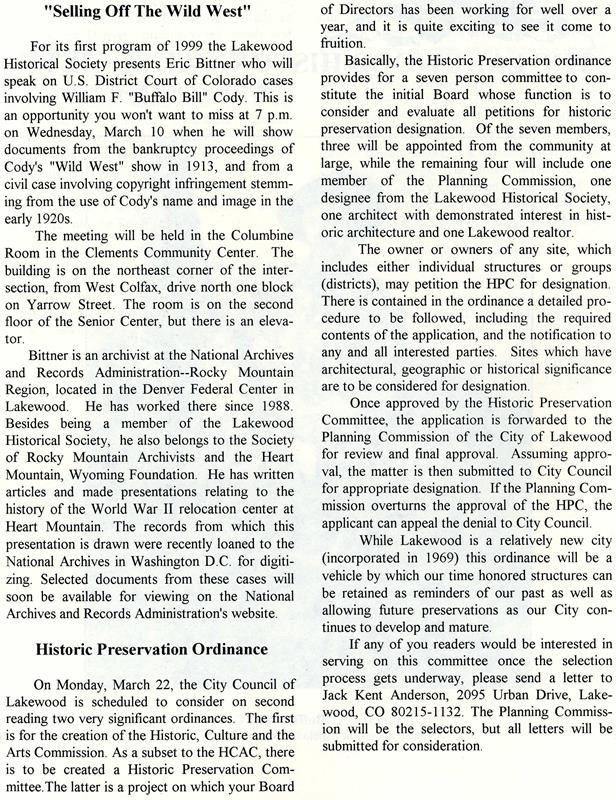 Lakewood Historical Society Newsletter, Winter 1999