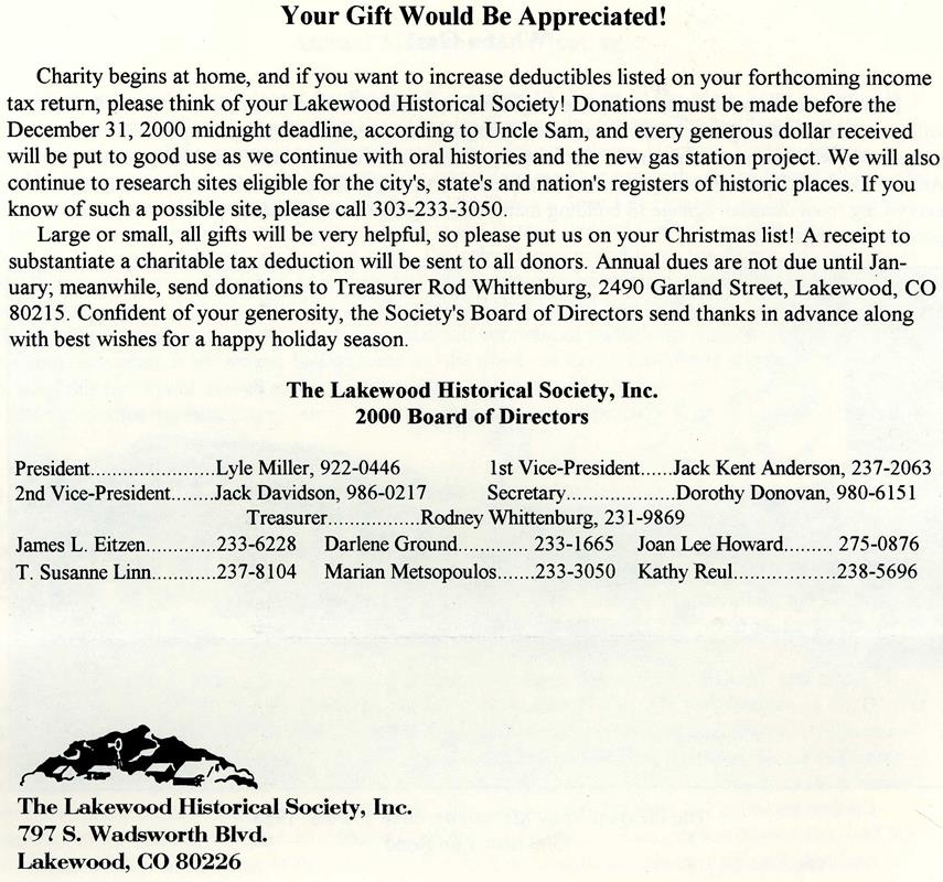 Lakewood Historical Society Newsletter, Extra 2000