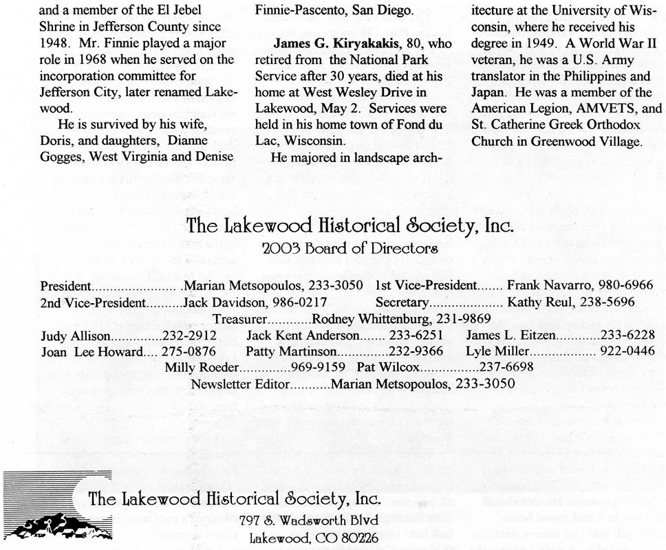 Lakewood Historical Society Newsletter, Summer 2003