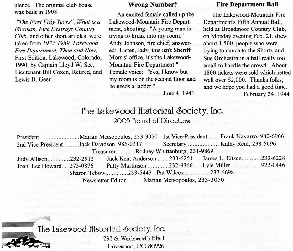 Lakewood Historical Society Newsletter, Fall 2003
