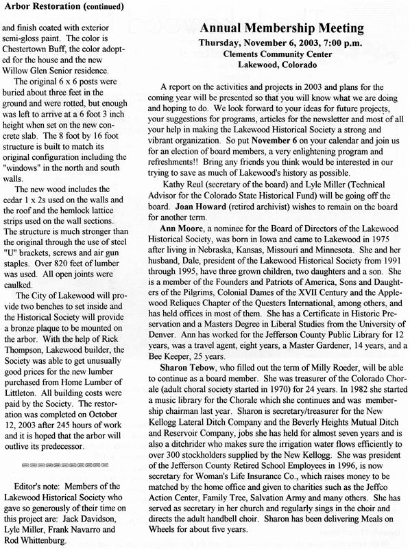 Lakewood Historical Society Newsletter, Membership Meeting 2003