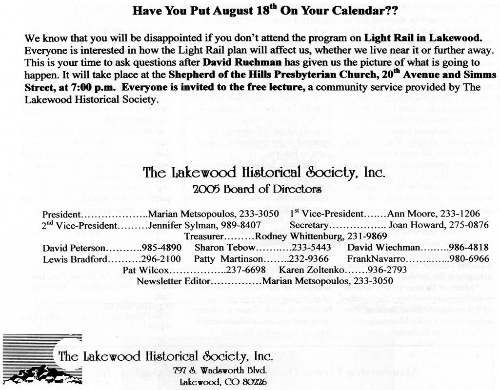 Lakewood Historical Society Newsletter, Summer 2005