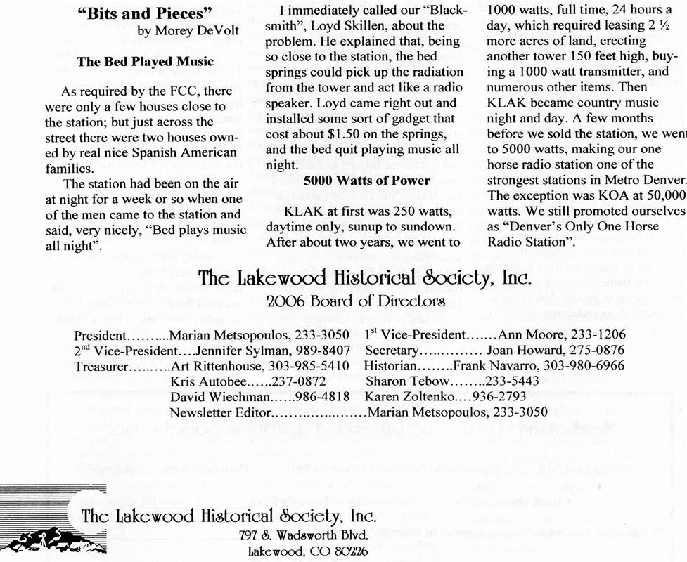 Lakewood Historical Society Newsletter, Spring 2006