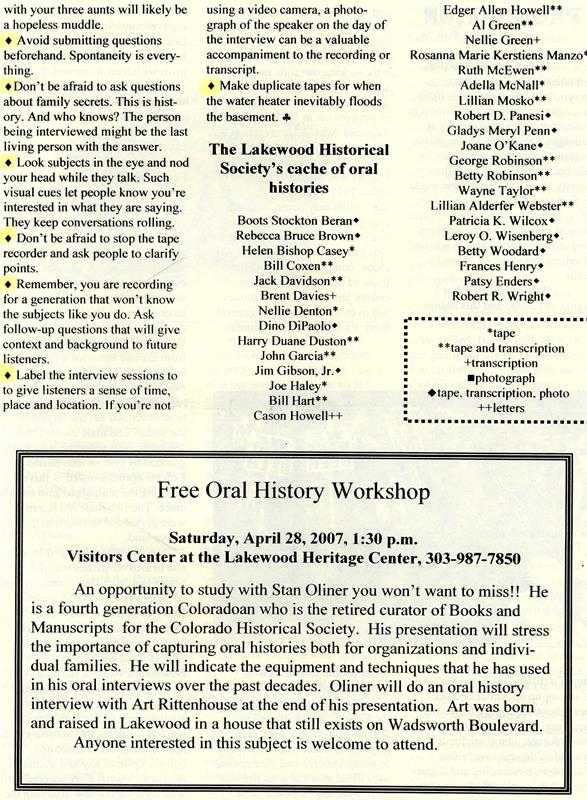 Lakewood Historical Society Newsletter, Spring 2007