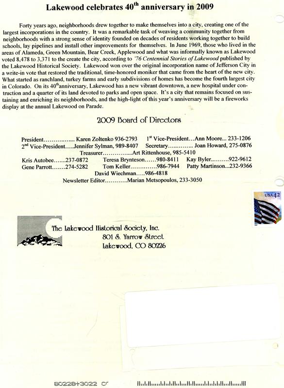 Lakewood Historical Society Newsletter, Winter 2009