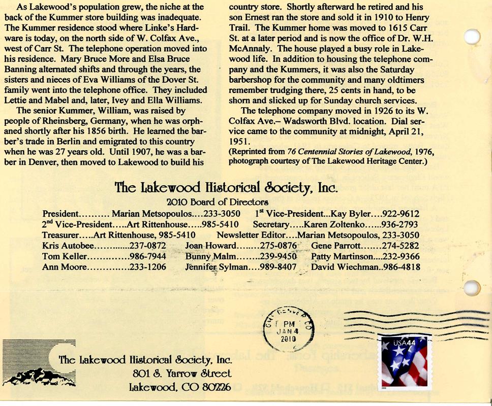 Lakewood Historical Society Newsletter, Winter 2010
