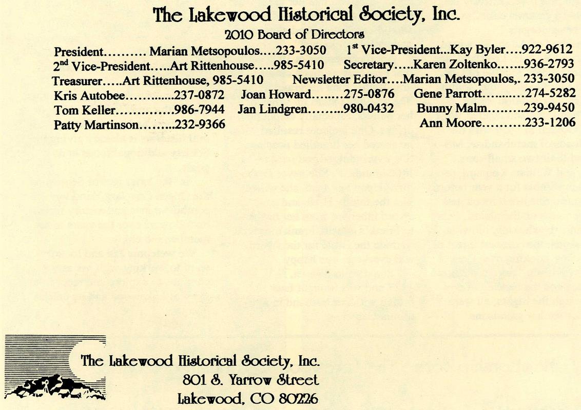 Lakewood Historical Society Newsletter, Spring 2010