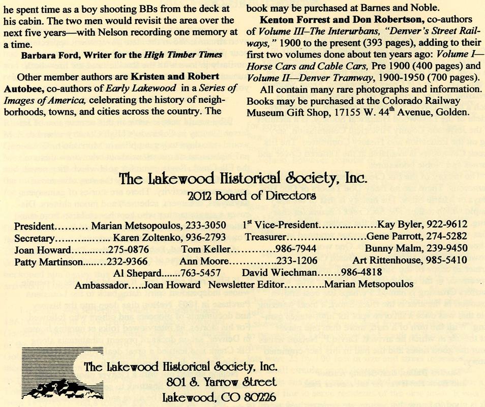 Lakewood Historical Society Newsletter, Winter 2012
