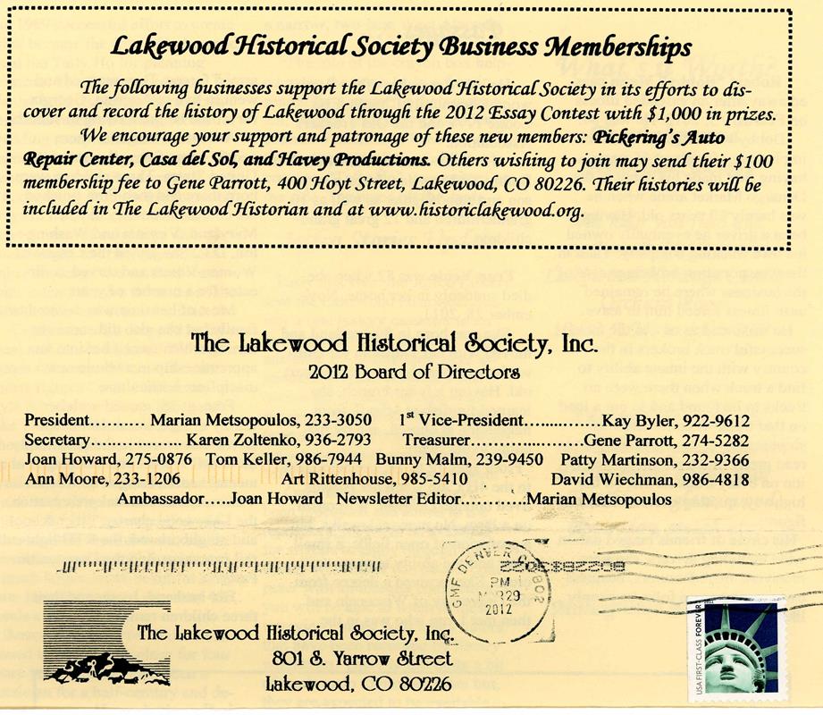 Lakewood Historical Society Newsletter, Spring 2012