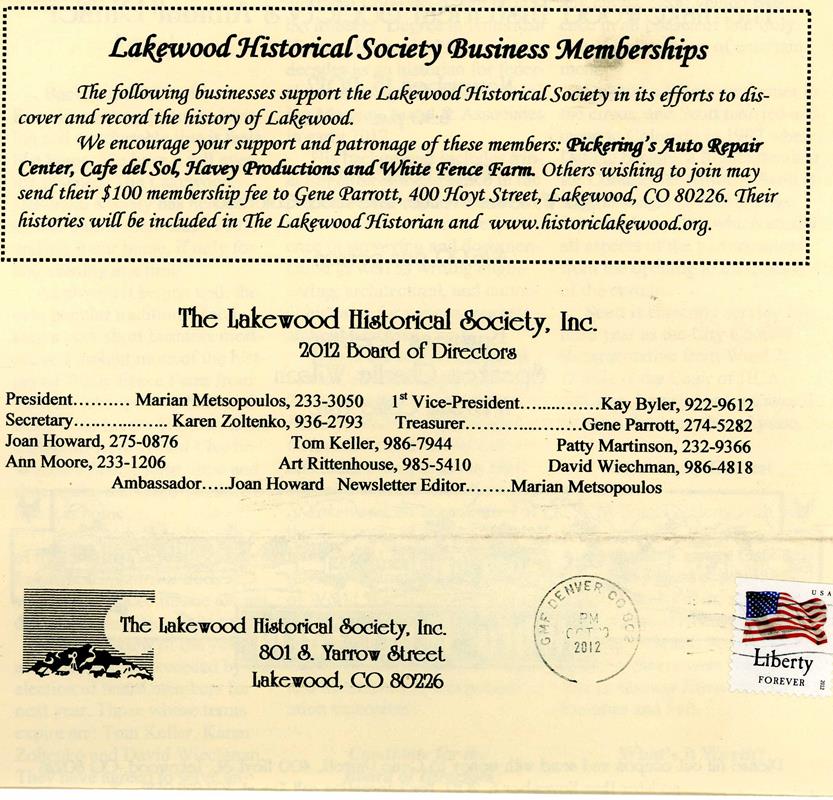 Lakewood Historical Society Newsletter, LHS Dinner, Fall 2012