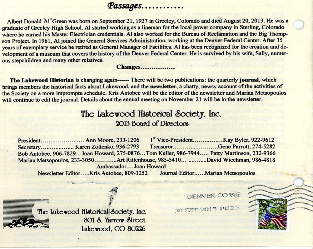 Lakewood Historical Society Newsletter, Fall 2013