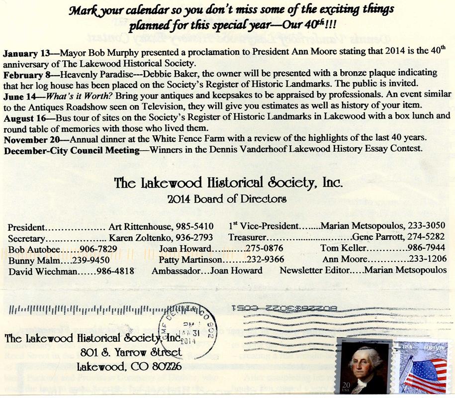 Lakewood Historical Society Newsletter, Winter 2014
